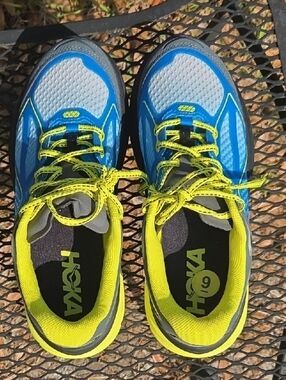 Hoka Men's Blue and Neon Yellow Running Sneakers